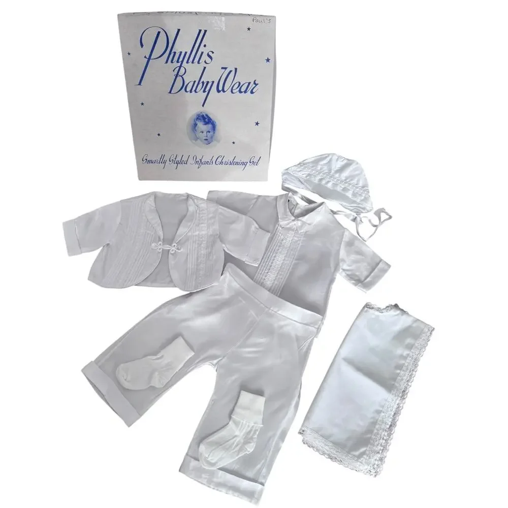 50s Phyllis Baby Wear White Satin Christening Baptism Suit Set Boys 6 Pc 3-6 M